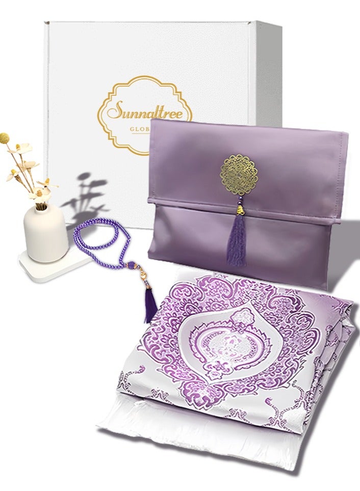 سن آلتری طقم سجادات صلاة من 3 قطع، سجادة صلاة أنيقة، مع جراب وسبحة، مصنوعة من مواد عالية الجودة، ناعمة على البشرة، سجادة صلاة قابلة للطي، مثالية للمنزل، والسفر، والمكتب، والعمل، ولشهر رمضان، والعيد، وغيرها، أفضل هدية للصلاة (بنفسجي) - Image 1